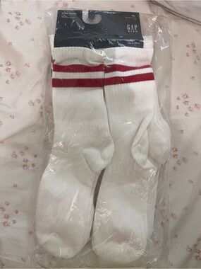 GAP Kids White Crew Socks with Red Double Stripes